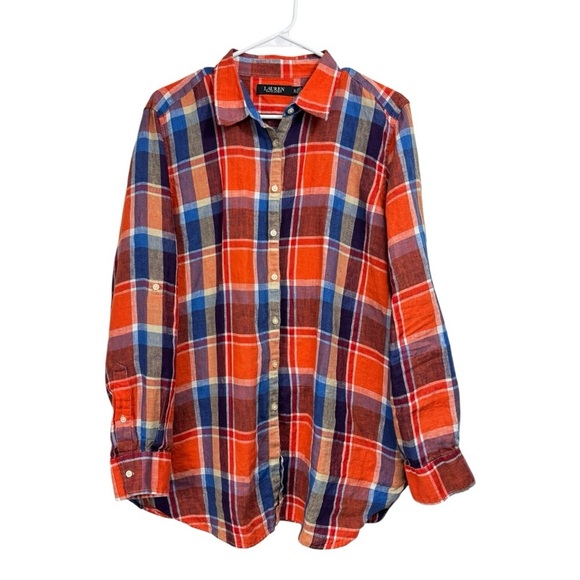 Lauren Ralph Lauren Tops - Lauren Ralph Lauren Size XL Shirt 100% Linen Long Sleeve Plaid Orange Blue
